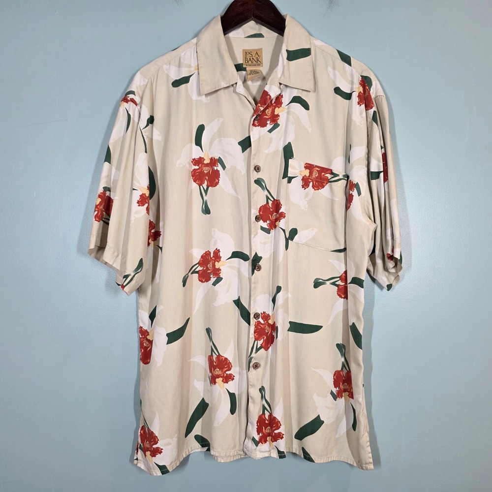 Jos. A. Bank Mens Large 100% Silk Herringbone Orchid Floral Aloha Camp Shirt Tan